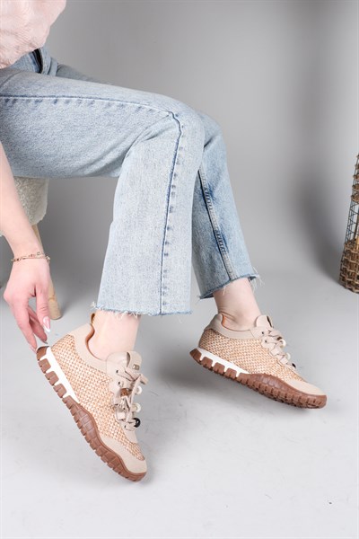 PAULO Hasır Örgülü Boncuklu Sneakers BEJ