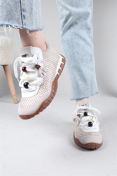 PAULO Hasır Örgülü Boncuklu Sneakers BEYAZ