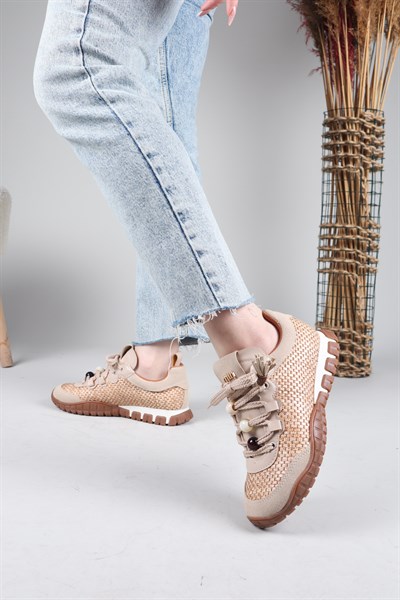 PAULO Hasır Örgülü Boncuklu Sneakers BEJ