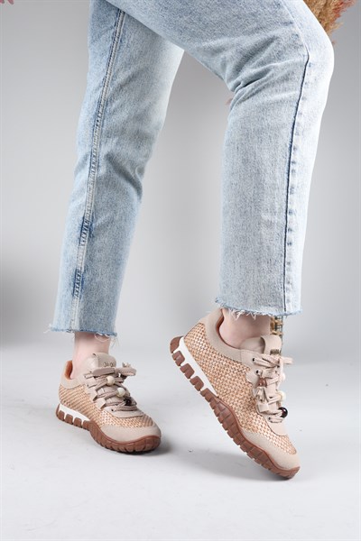 PAULO Hasır Örgülü Boncuklu Sneakers BEJ