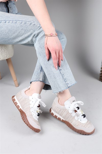 PAULO Hasır Örgülü Boncuklu Sneakers BEYAZ