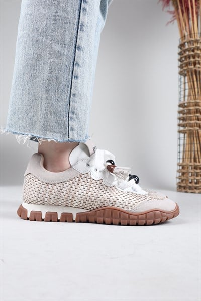 PAULO Hasır Örgülü Boncuklu Sneakers BEYAZ