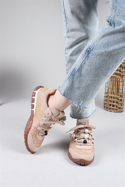 PAULO Hasır Örgülü Boncuklu Sneakers BEJ