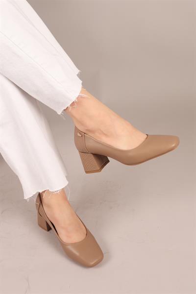 PUMPS Arkası Yılan Dokulu Blok Topuklu Ayakkabı VİZON