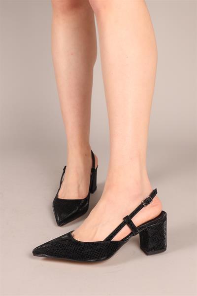 ROSELLA Yılan Derisi Alçak Topuklu Stiletto SİYAH