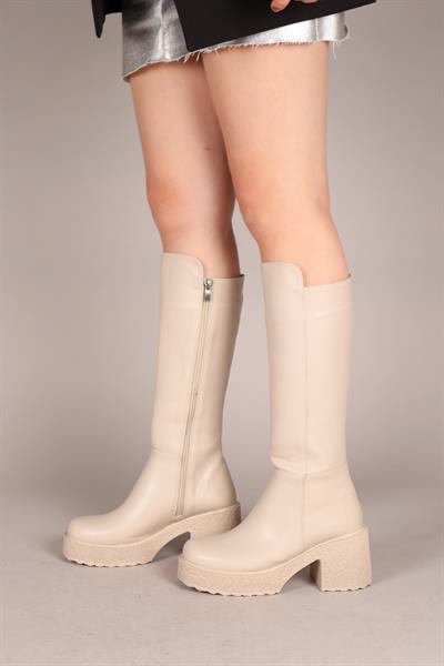 LUNA Kalın Topuk Cilt Çizme BEJ