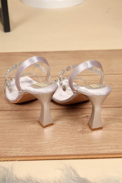 Saten Şeffaf Bantlı Taşlı Topuklu Ayakkabı GRİ