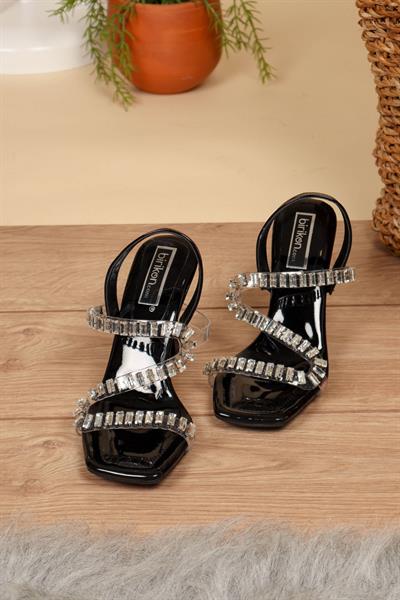 Şeffaf Bantlı Taşlı Topuklu Ayakkabı SİYAH