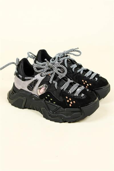 Sim Detaylı Süet Garnili Kalın Taban Spor Ayakkabı SİYAH