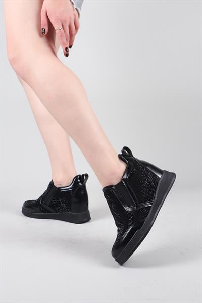 SİTRAH Süet-Cilt Garnili Taşlı Gizli Dolgu Sneakers SİYAH