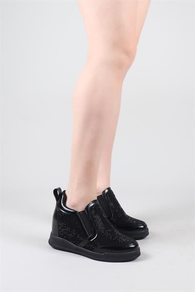 SİTRAH Süet-Cilt Garnili Taşlı Gizli Dolgu Sneakers SİYAH