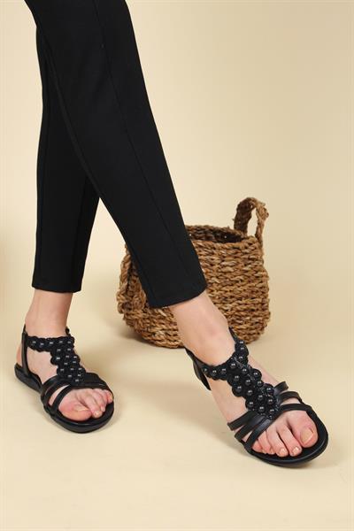 Taş baskılı Arkası Lastik Sandalet SİYAH