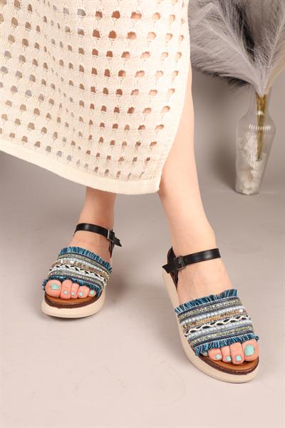 TASSEL Püskül ve Boncuklu Sandalet LACİVERT