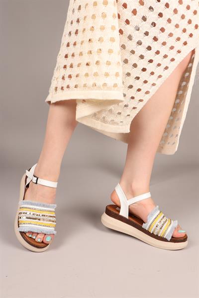 TASSEL Püskül ve Boncuklu Sandalet MAVİ