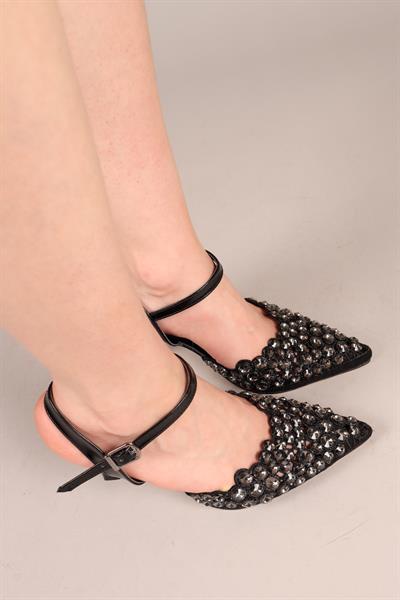 TİBER Önü Taşlı Topuklu Stiletto SİYAH