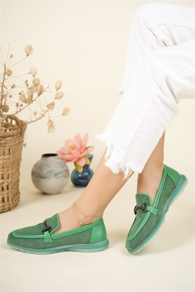 Tokalı Süet-Cilt Loafer YEŞİL