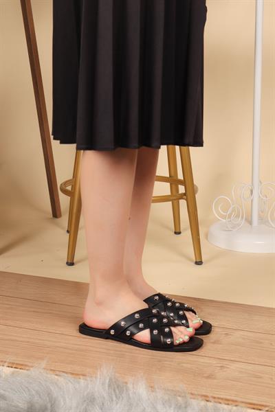 Troklu Çarpraz Bant Terlik SİYAH