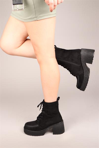 TULLIA Bağcıklı Süet Topuklu Kadın Bot SİYAH