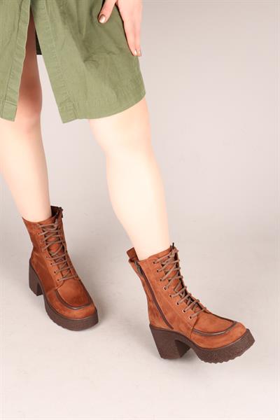 TULLIA Bağcıklı Süet Topuklu Kadın Bot TARÇIN