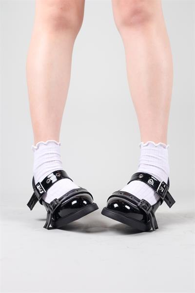 VALORİS Çift Kemerli Rugan Topuklu Ayakkabı SİYAH