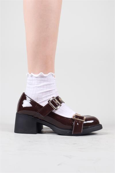 VALORİS Çift Kemerli Rugan Topuklu Ayakkabı KAHVERENGİ