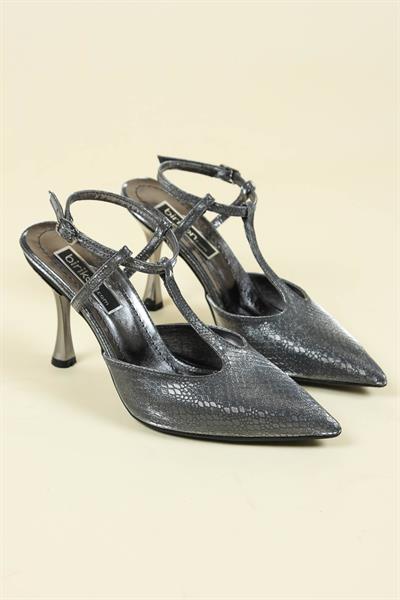 Yılan Desenli Direkli Arkası Açık Stiletto PLATİN