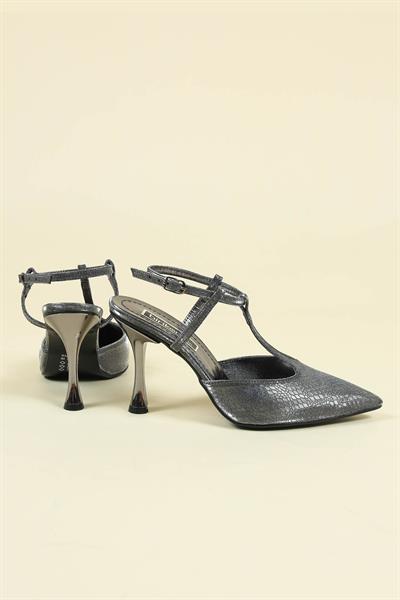 Yılan Desenli Direkli Arkası Açık Stiletto PLATİN