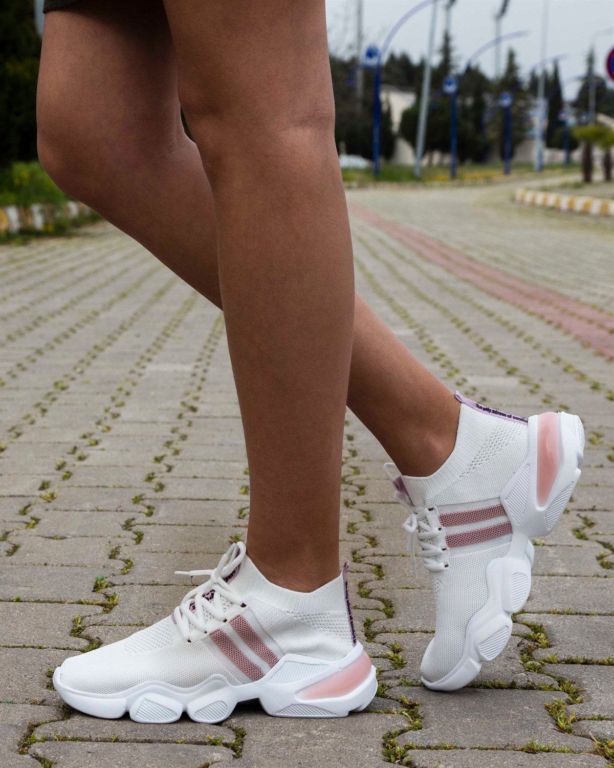 Beyaz-Pudra Triko Kadın Spor Ayakkabı