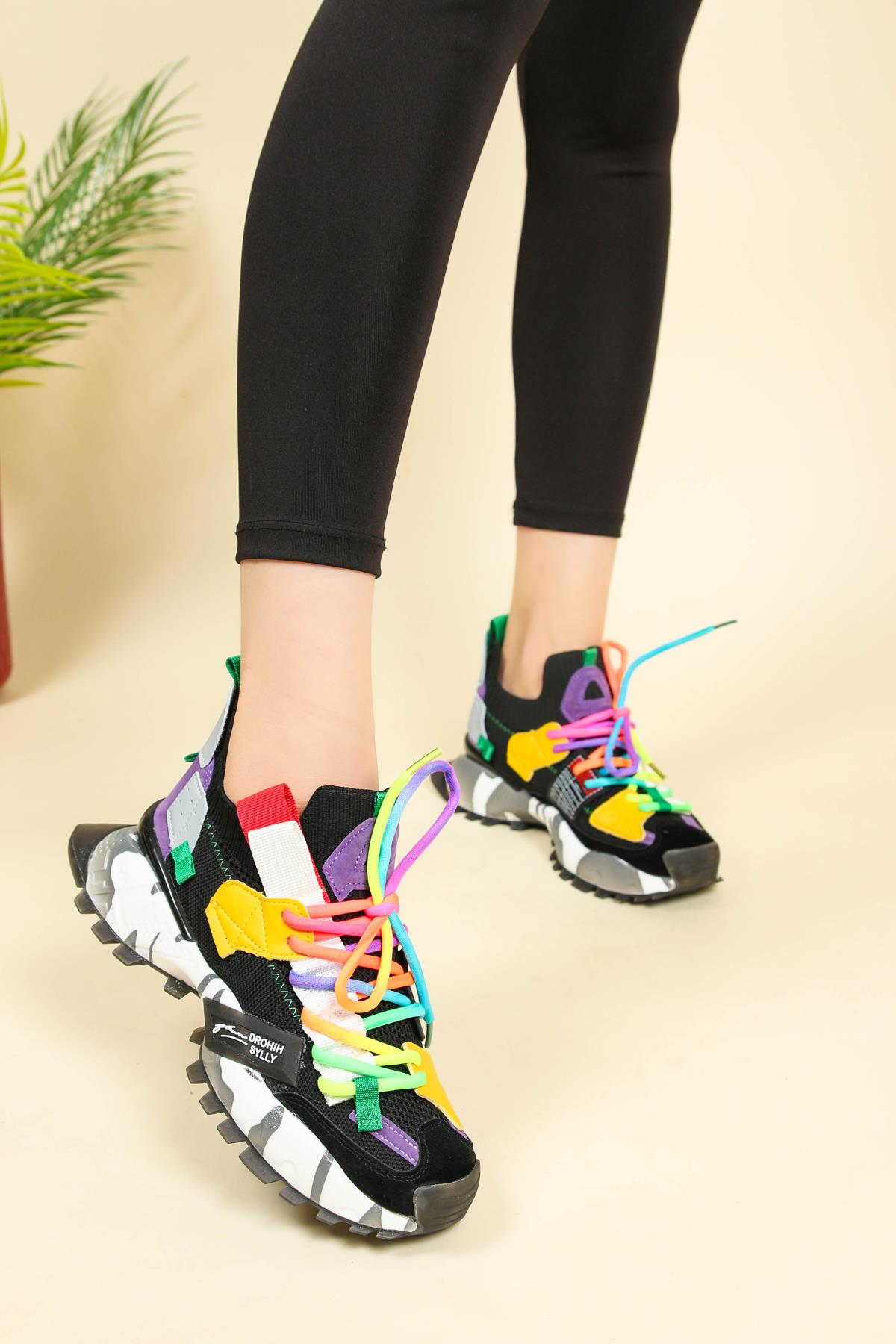 GUJA Renkli Bağcık Triko Spor Ayakkabı SİYAH
