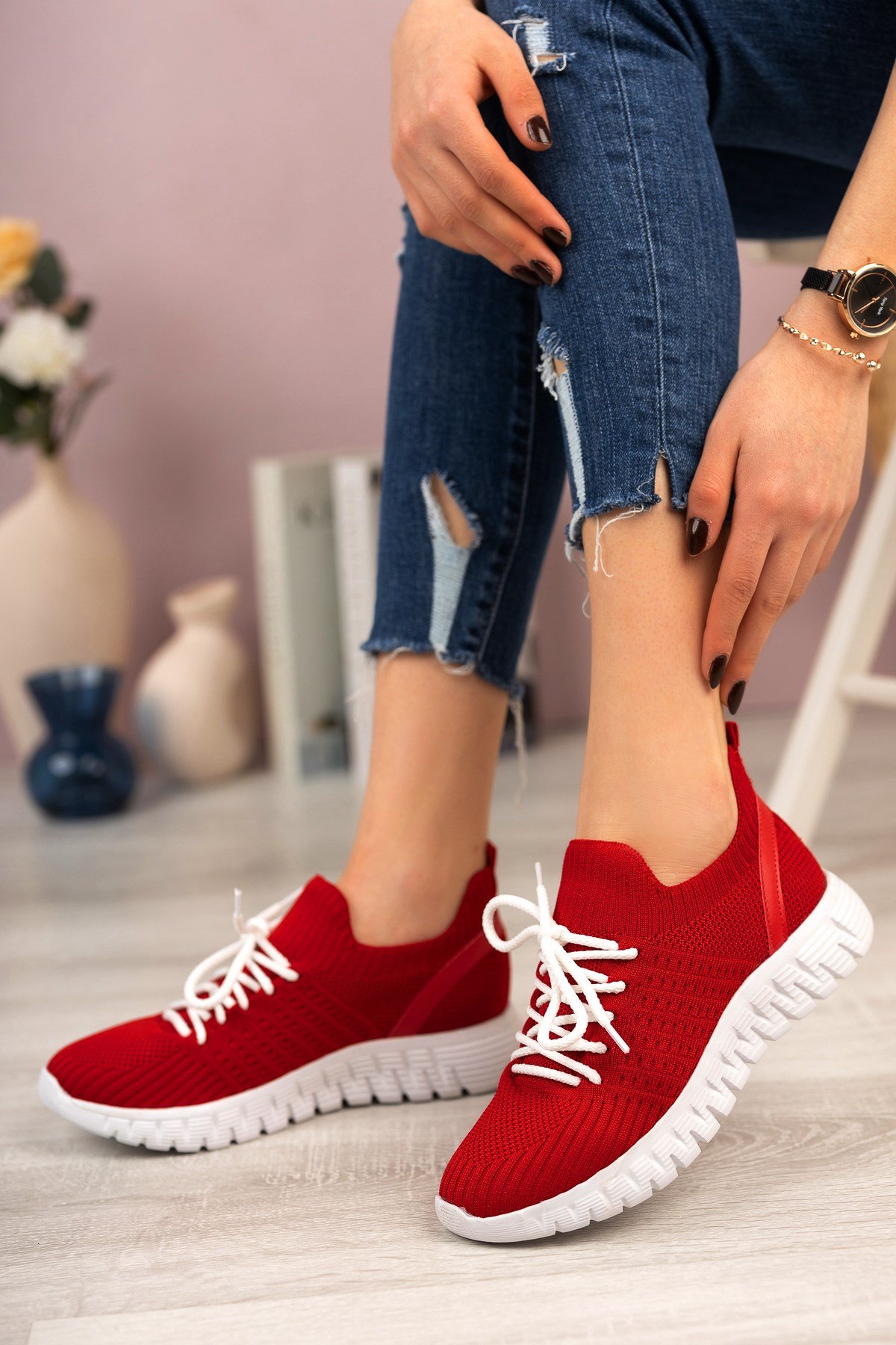 Kırmızı Triko Kadın Spor Ayakkabı