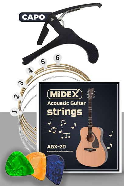 Midex AGX-20C Akustik Gitar Teli Takımı Pena ve Kapo (Capo) Seti