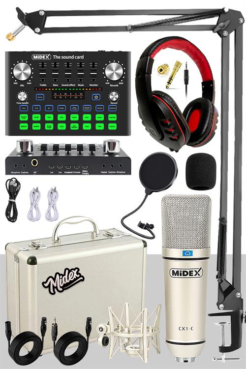 Midex CX1 Compact Set-2 Efektli Ses Kartı Mikrofon Stand Seti (PC ve Telefon)