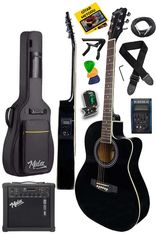 Midex GRX50EQ-25AMP Kesik Kasa Siyah Elektro Akustik Gitar Amfili Full Set  4/4