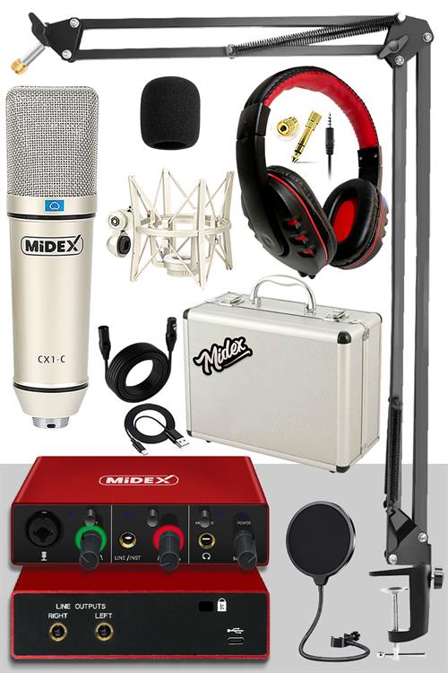Midex Special Paket-1 Stüdyo Ekipmanları Ses Kartı CX1 Mikrofon Kulaklık Stand