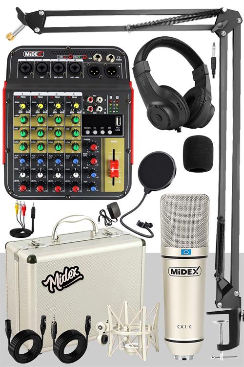 Midex Vokal Paket-2 CX1 Stüdyo Mikrofon 6 Kanal Stüdyo Kayıt Mikseri Kulaklık Ekipman Seti