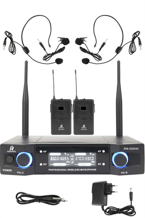 Rennes RM-550HH UHF Çiftli Yaka ve headset Telsiz Kablosuz Mikrofon Seti