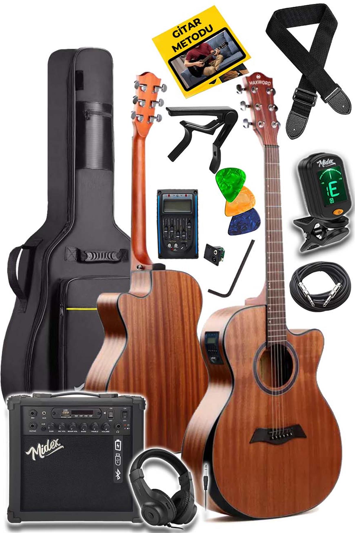 Maxword M450-EQ-AMP Profesyonel Masif Ağaç Amfili Elektro Akustik Gitar  Seti üst Segment