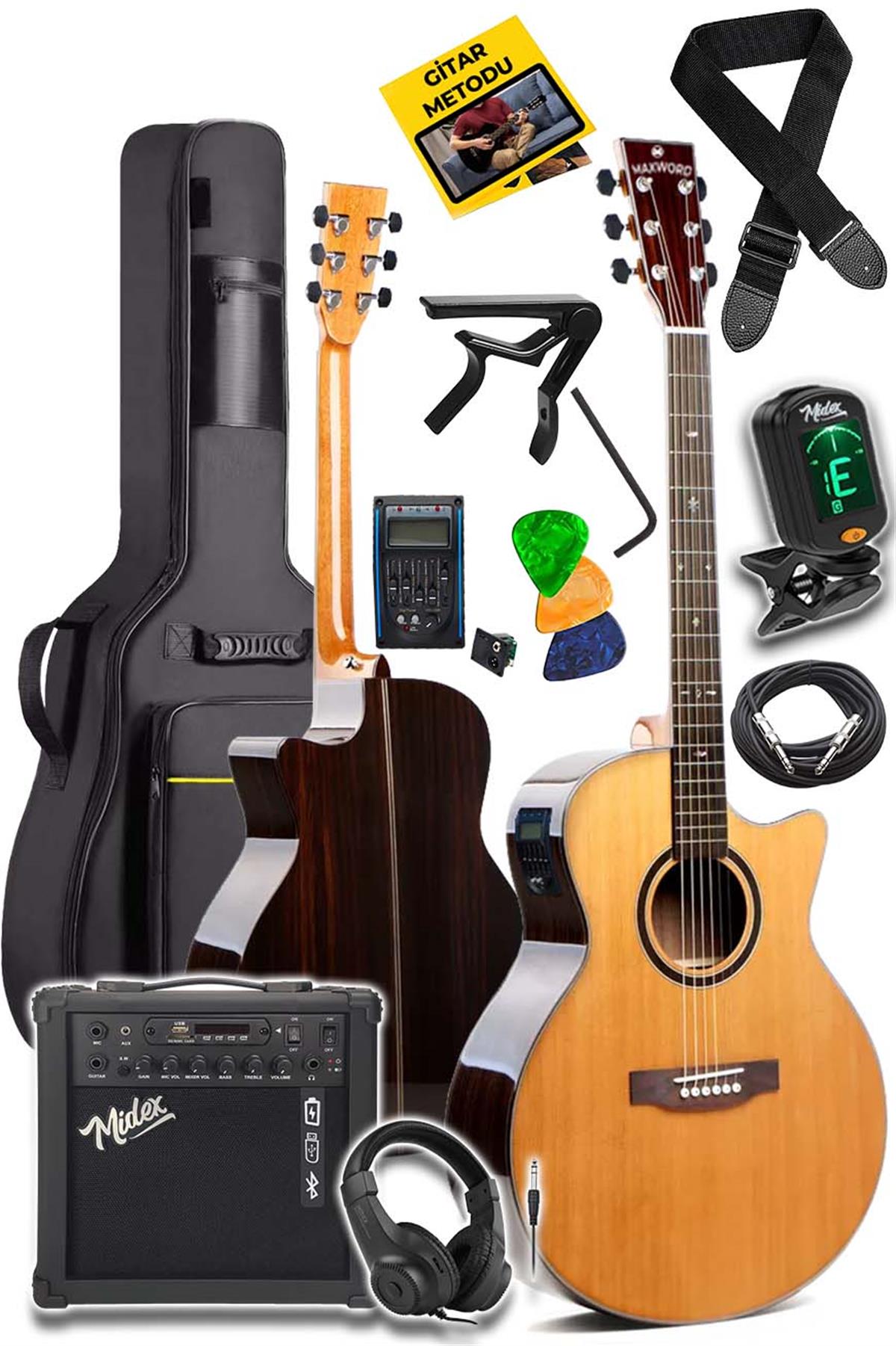 Maxword M501-EQ-AMP Profesyonel Masif Ağaç Amfili Elektro Akustik Gitar  Seti üst Segment