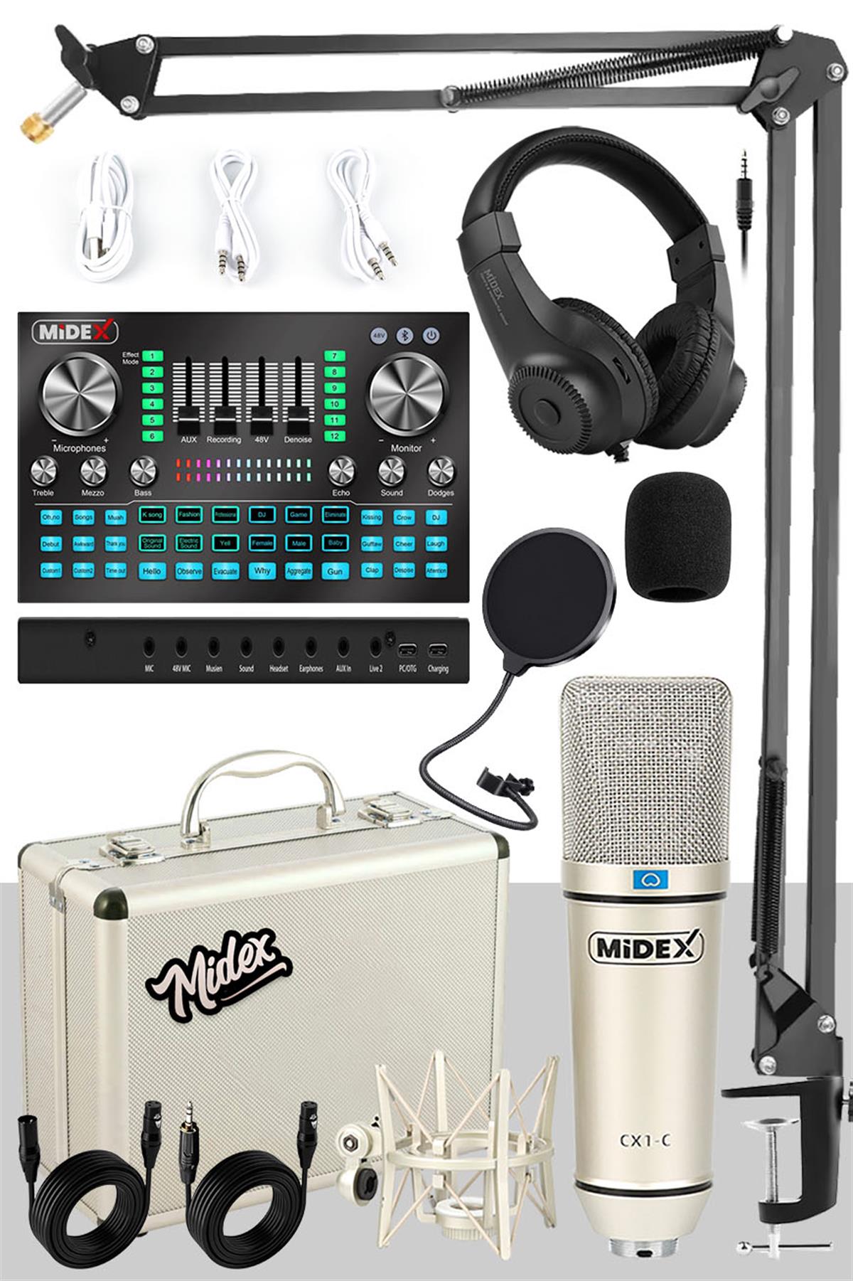 Midex CX1 Diamond Set Efektli Ses Kartı Mikrofon Kulaklık Stand Kayıt Canlı  Yayın Seti