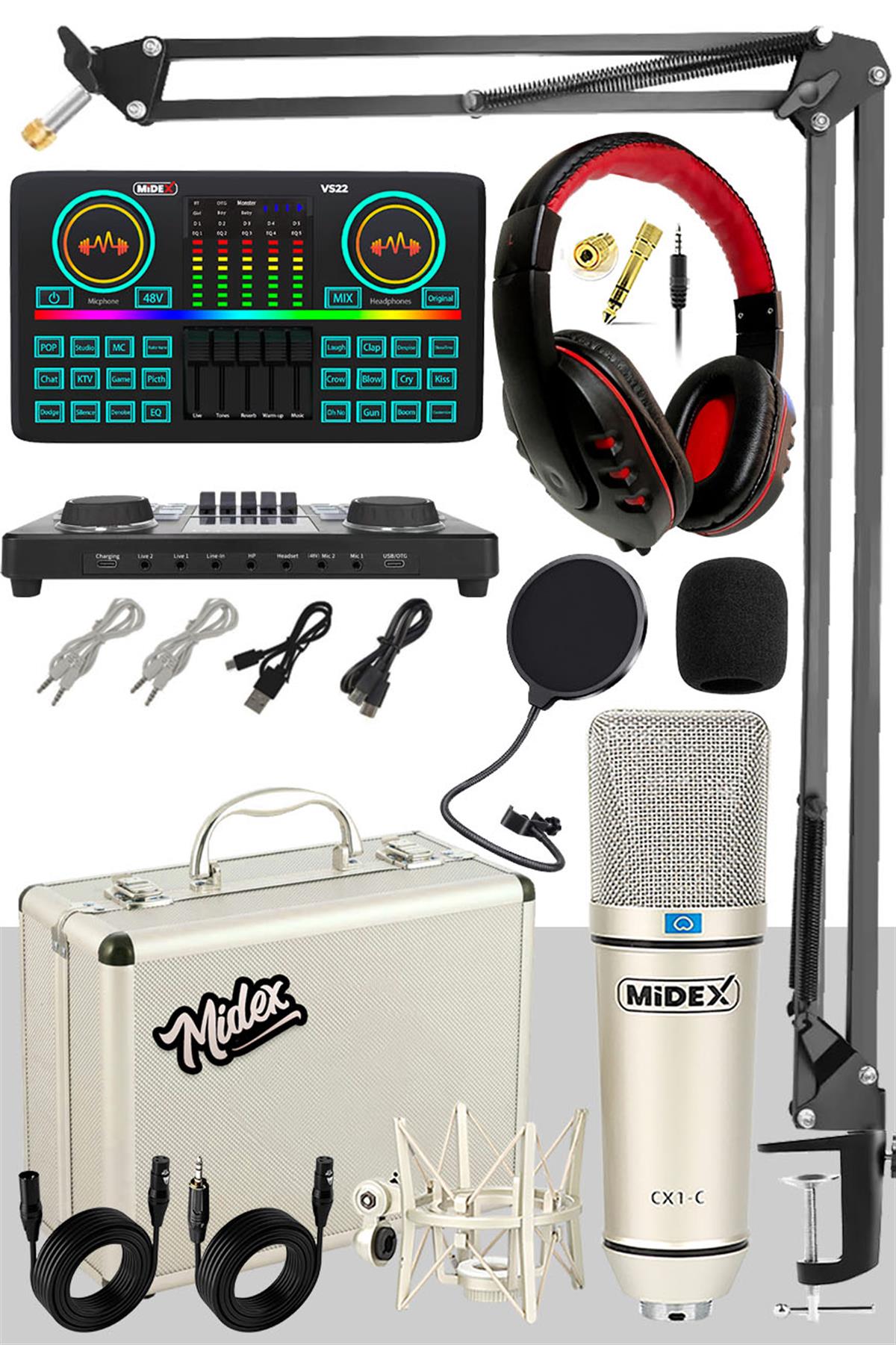 Midex CX1 Effective Set-2 Efektli Ses Kartı Mikrofon Kulaklık Stand Kayıt  Canlı Yayın Seti (PC