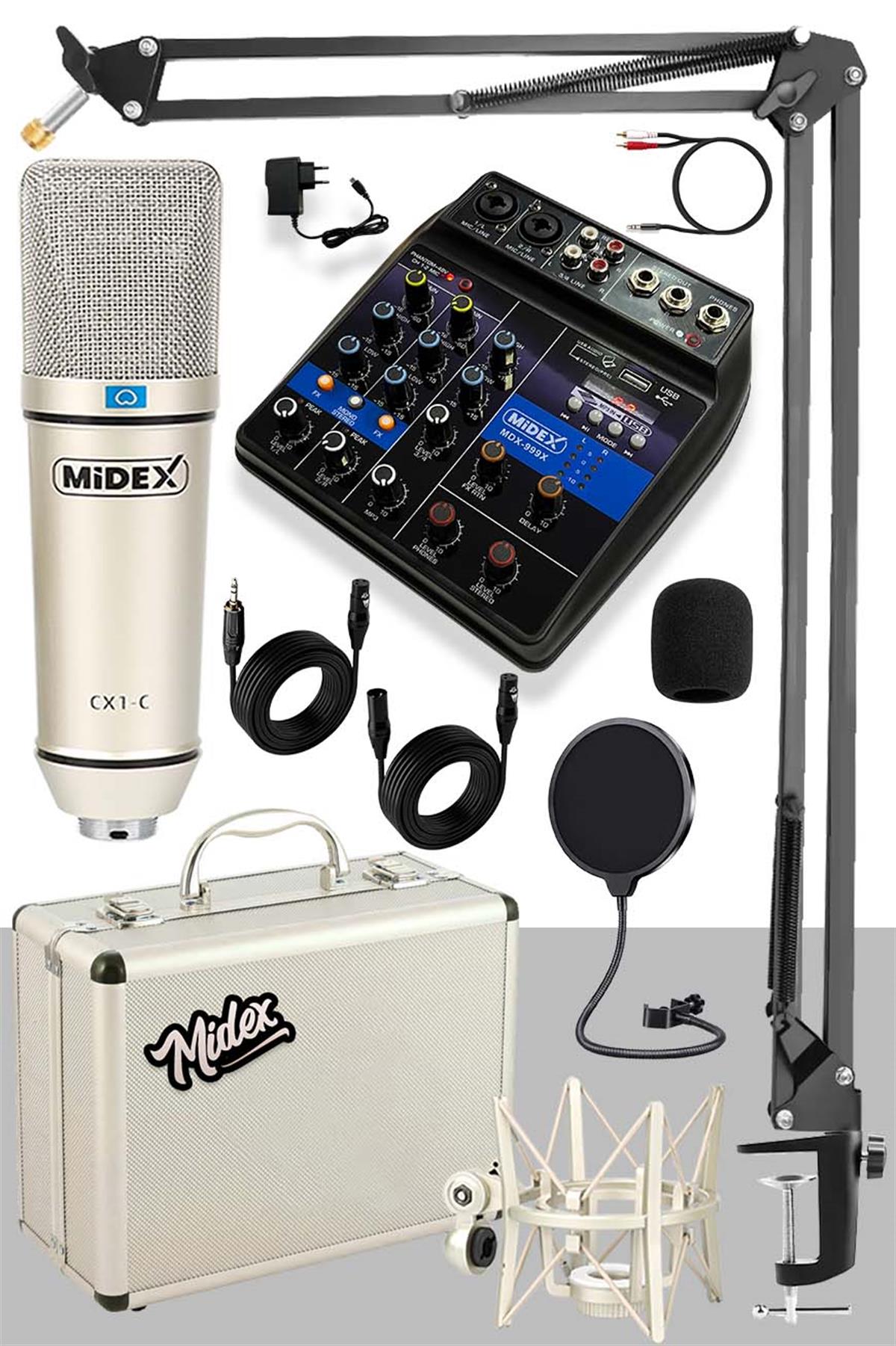 Midex CX1 Mixer Set Condenser Mikrofon Ses Kartlı Mikser + Stand + Filtre