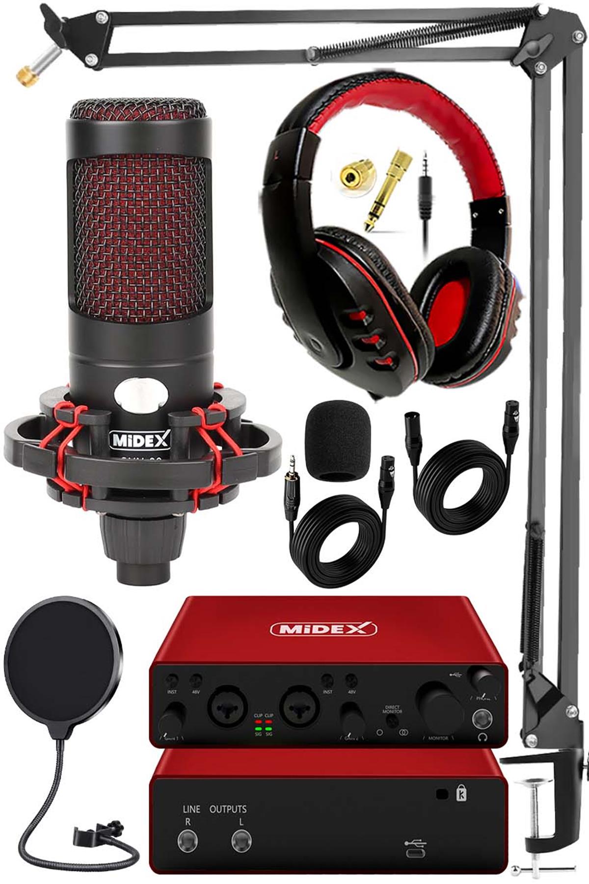 Midex CXN-30 Paket-9 GLX-800 Profesyonel Ses Kartlı Condenser Mikrofon  Stand Kulaklık Seti