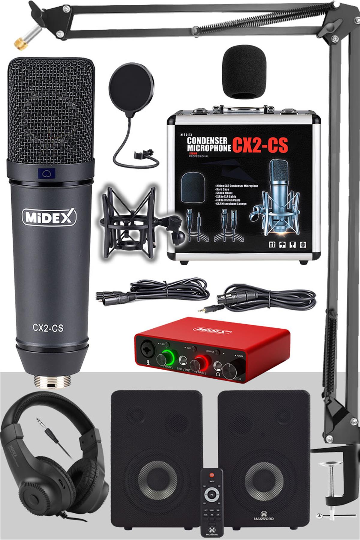 Midex Exclusive Paket-5 Stüdyo Ekipmanları Seti (Monitör Mikrofon Ses Kartı  Kulaklık)
