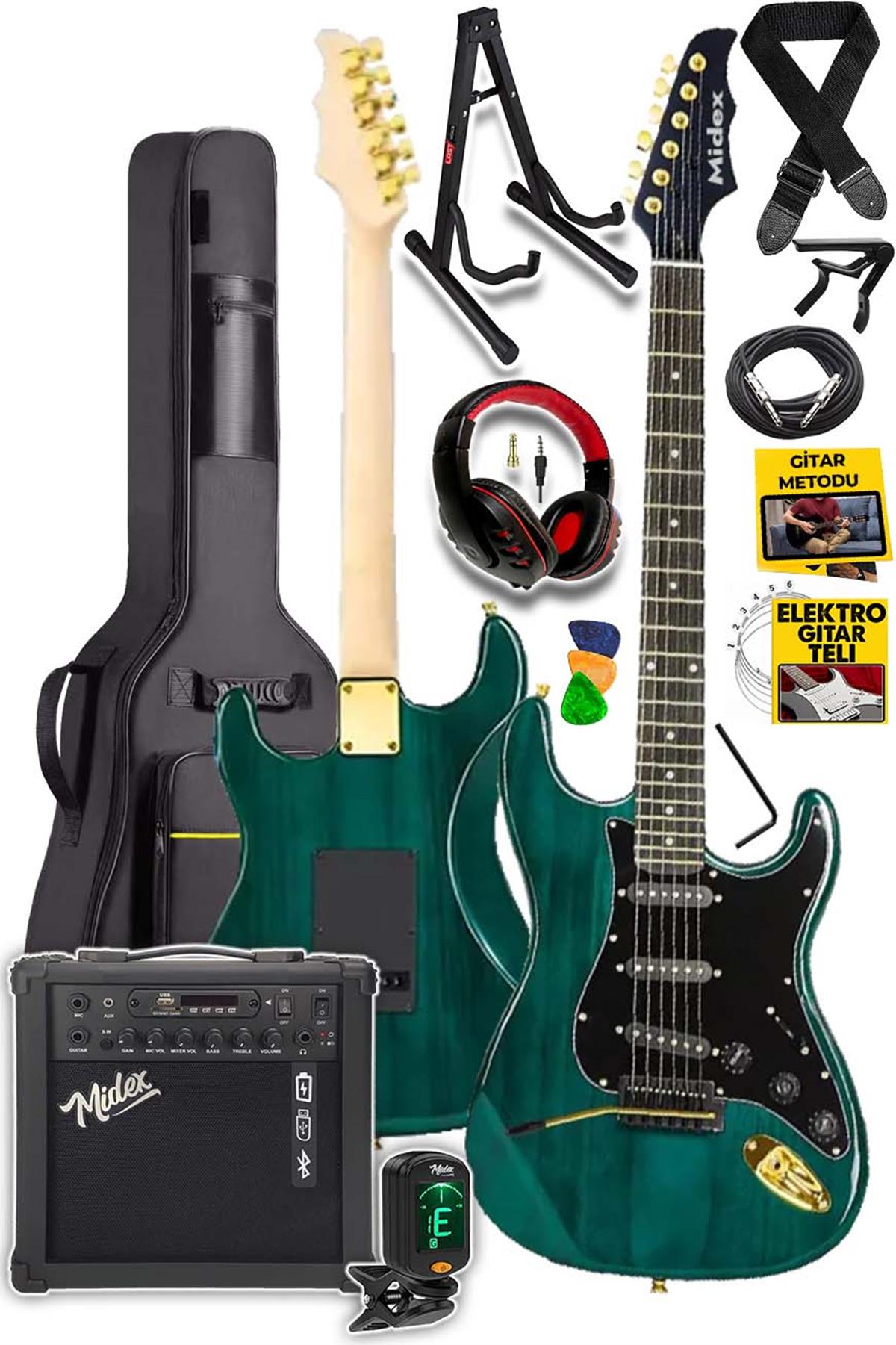 Midex GLC-40GR-AMP Elektro Gitar Seti 25 WATT Şarjlı BT Amfi Kulaklık ve  Full SET