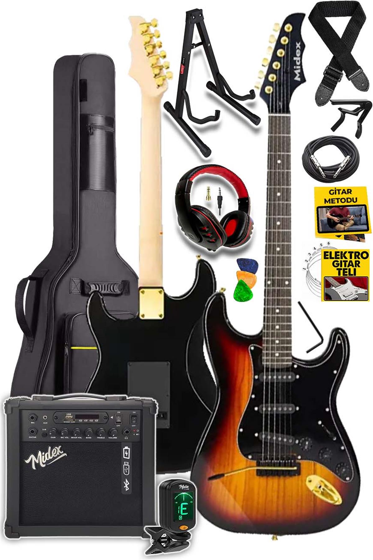 Midex GLC-40SB-AMP Elektro Gitar Seti 25 WATT Şarjlı BT Amfi Kulaklık ve  Full SET