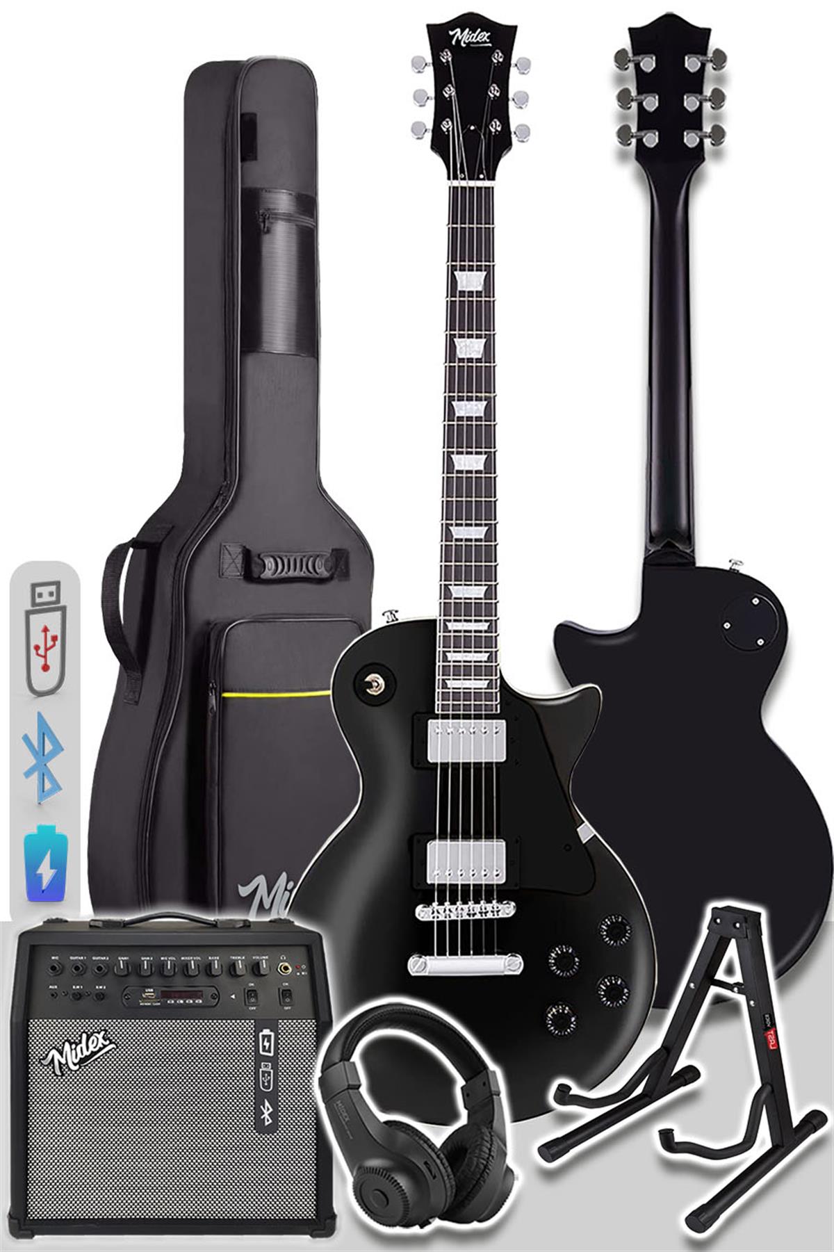 Midex GRX-200BK-50-AMP Profesyonel Elektro Gitar Seti 50 Watt Gainli Şarjlı  Amfi ve Full