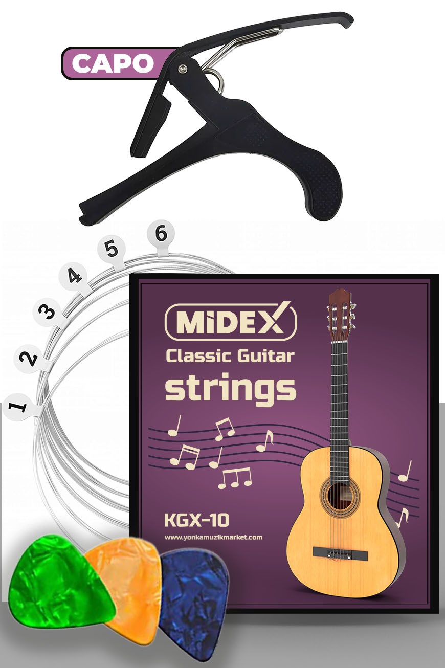 Midex KGX-10C Klasik Gitar Teli Takımı Pena ve Kapo (Capo) Seti