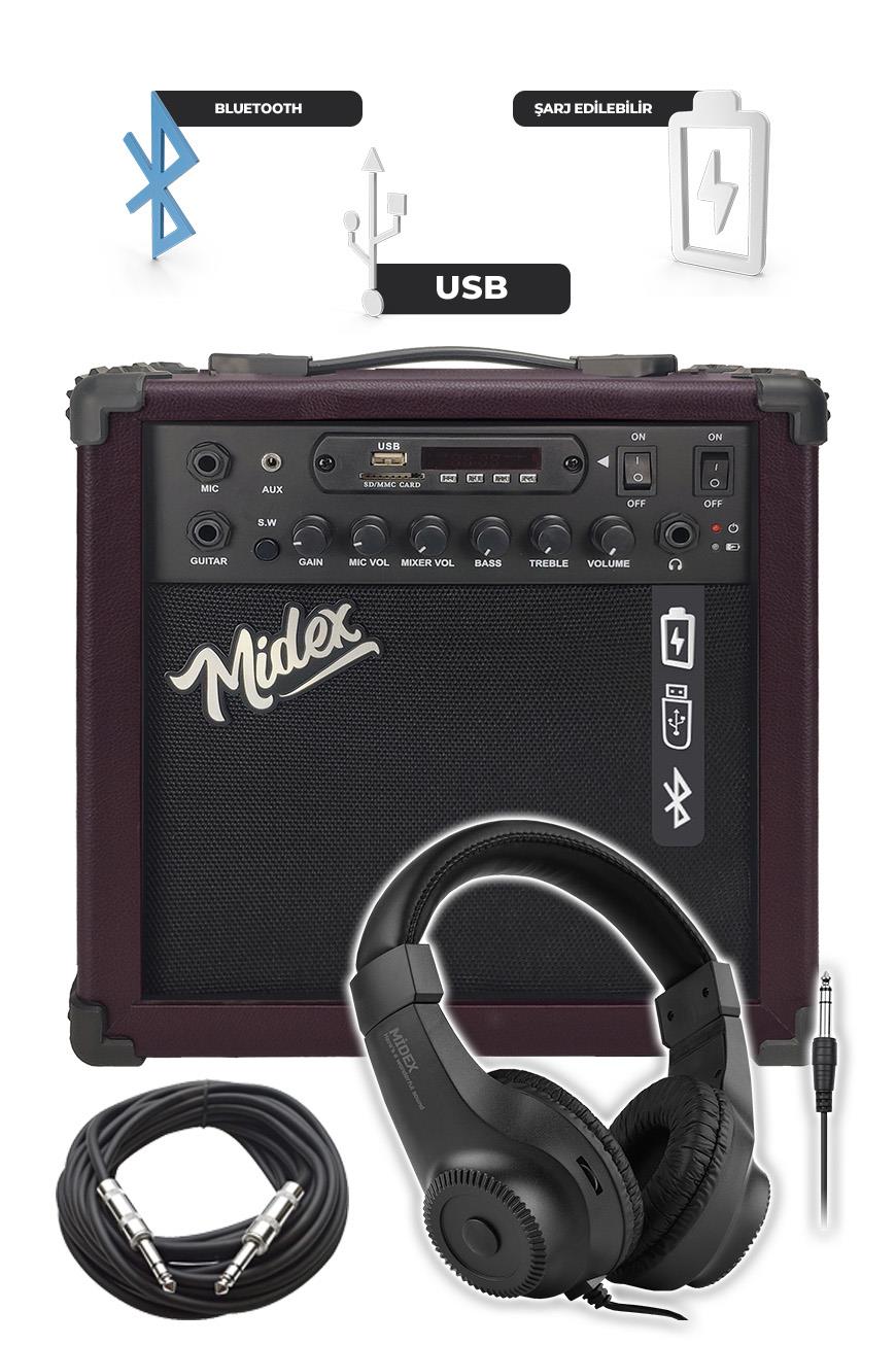 Midex MGA-25BN-HD Elektro Gitar Amfisi 25 Watt USB Bluetooth ve Şarjlı (Amfi  Kulaklık ve
