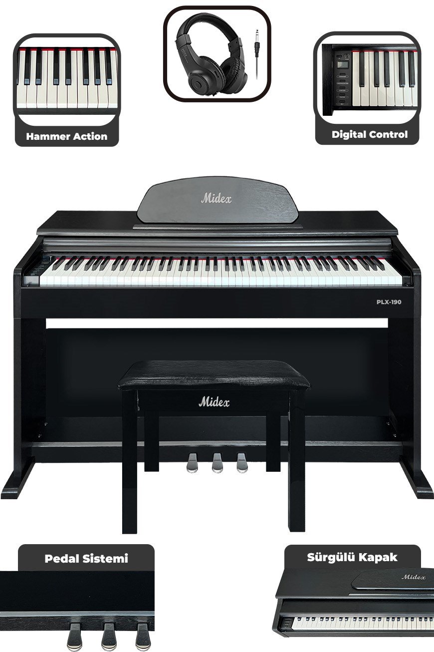 Midex PLX-190BK Dijital Piyano 88 Tuşlu Siyah Tuş Hassasiyetli Çekiç  Aksiyonlu