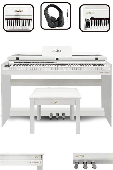 Midex PLX-140 PRO-WH Dijital Piyano Tuş Hassasiyetli Bluetooth 88 Tuşlu Kapaklı (Kulaklık ve Tabure)